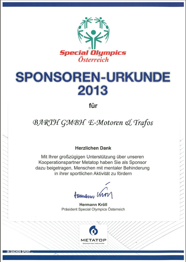 2013: BARTH GMBH unterstützt Special Olympics